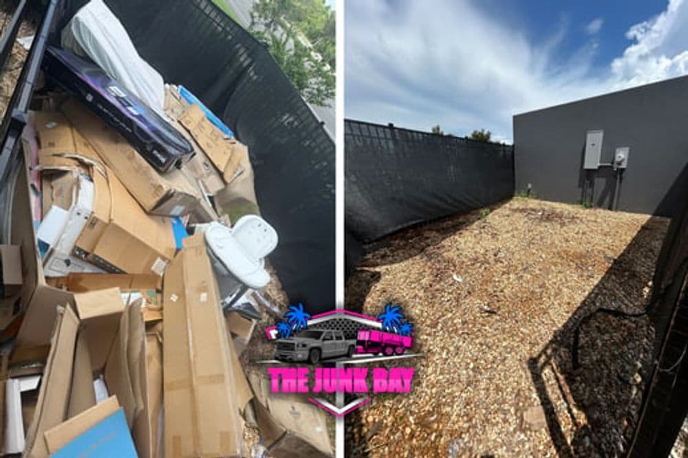 Before and after junk removal: cluttered space transformed into cleared area with minimal debris.